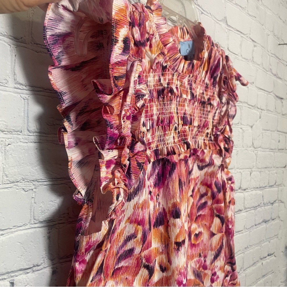 CeCe Floral Ruffle Sleeve Peplum Top Orange Pink Smocked Blouse Medium - Picture 4 of 7